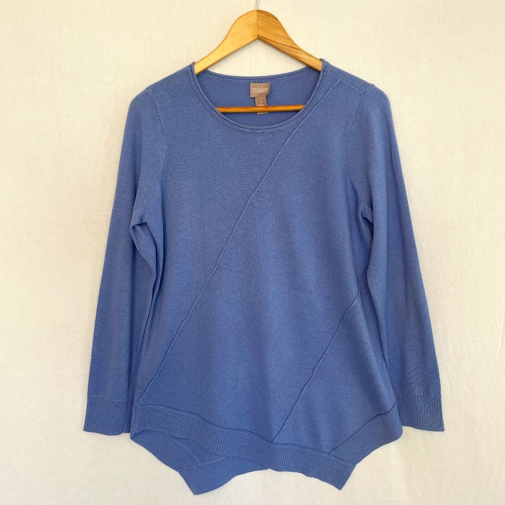 CHICO'S Size 1 US M Carsyn Asymmetrical Hem Pullover Sweater Blue